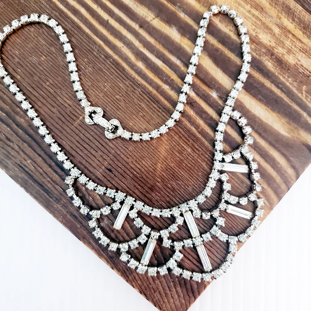 Vintage Rhinestone Statement Bib Necklace Silvertone
